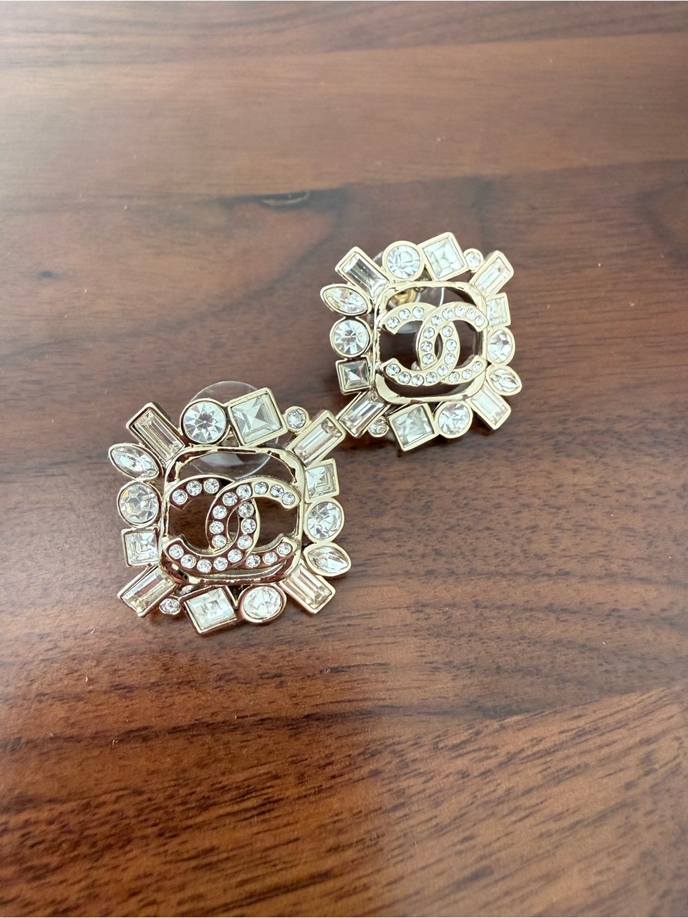 CHANEL Gold Tone Crystal CC Medallion Earrings